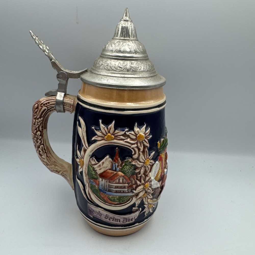 Vintage Gerz German Beer Stein 3693 Pewter Lid Handpainted Country Scene 1960s